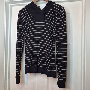 LRL Lauren Ralph Lauren Black & White Striped Hooded Sweater Size Medium